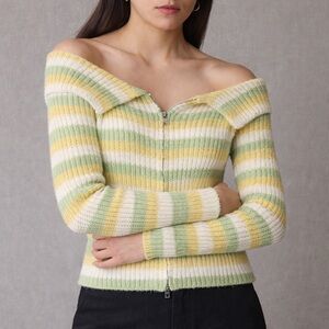 Kijun Off Shoulder Cotton Blend Green Yellow Zip Cardigan S